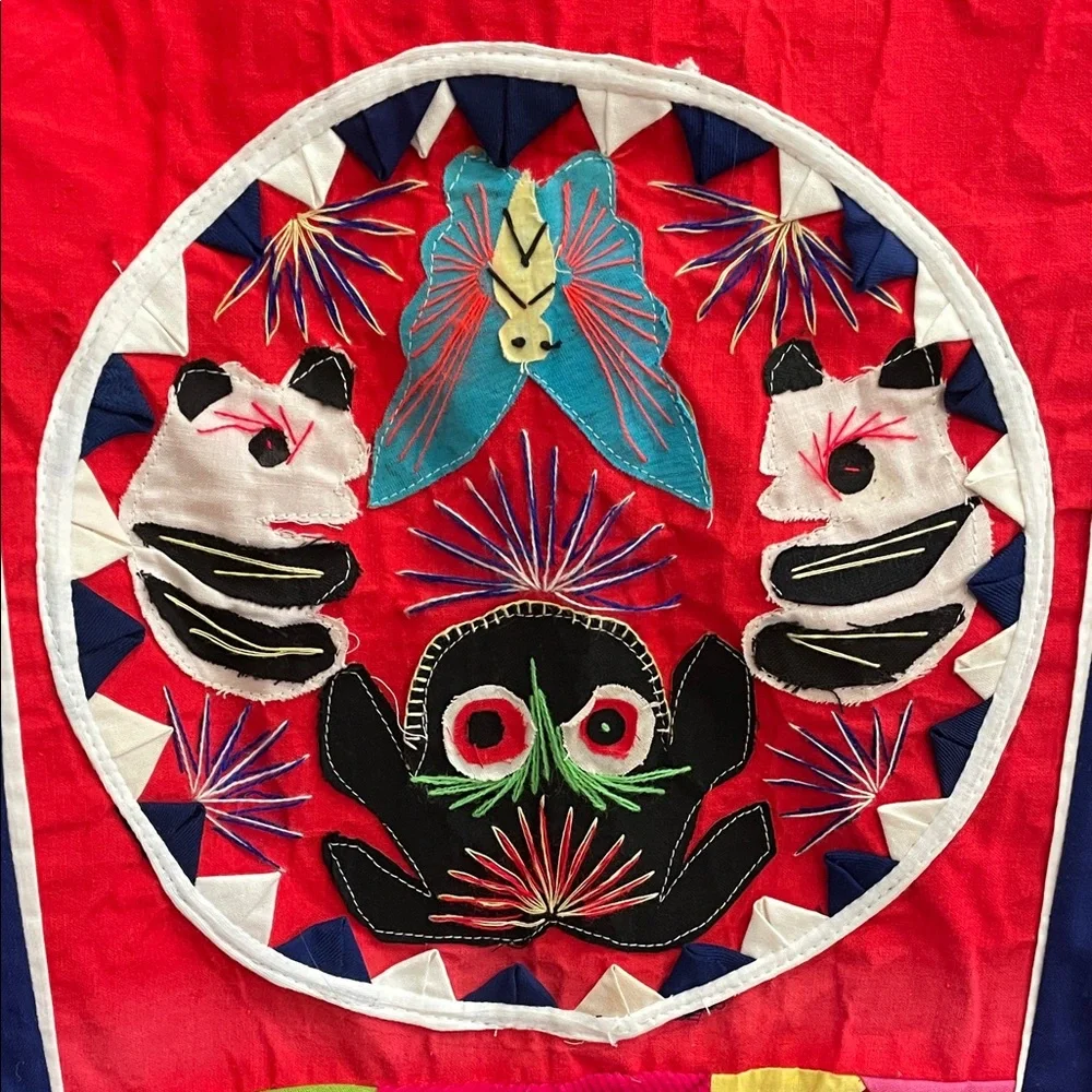 Colorful Patchwork Tapestry with Dragon and Panda Embroidered Design
